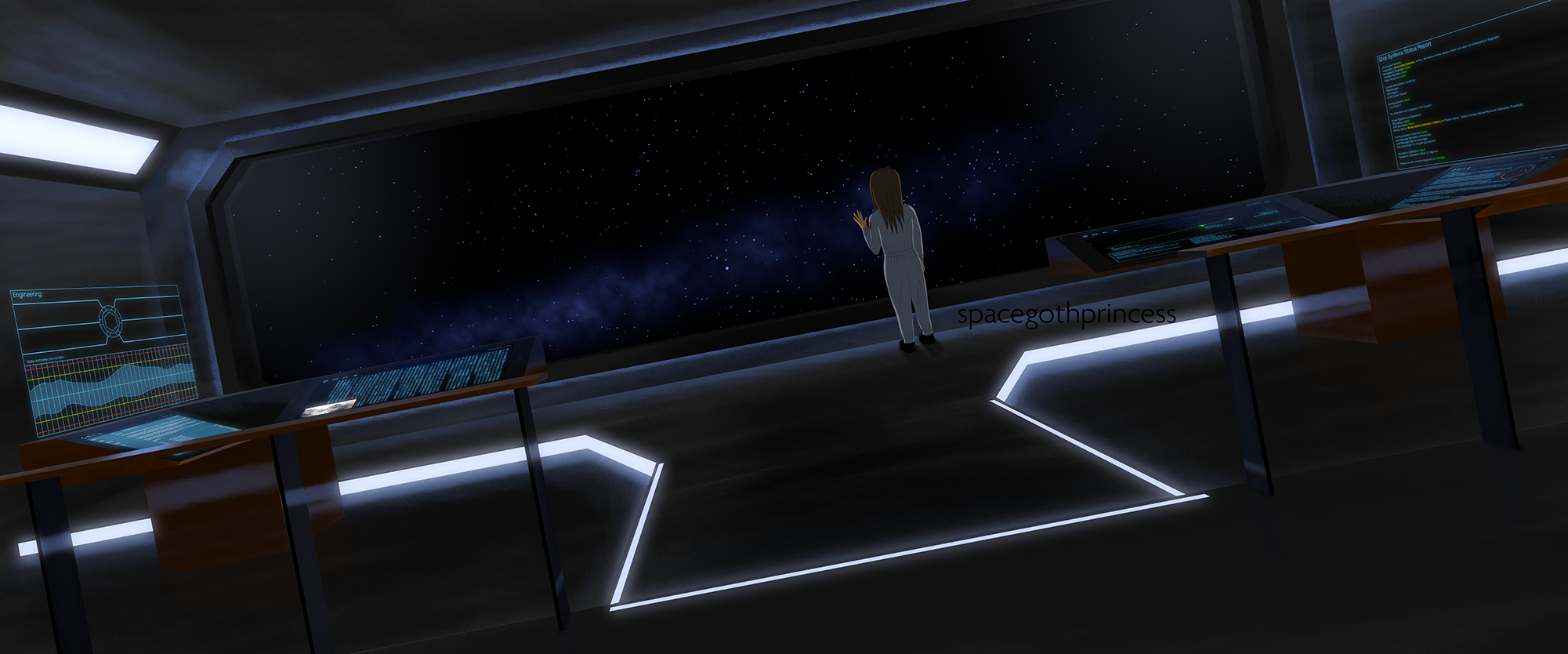 Drawing of girl standing on a spaceship bridge staring out of a window into space.