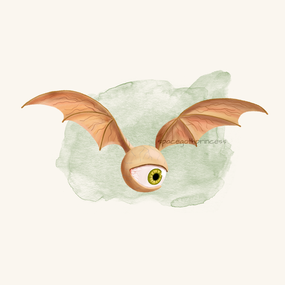 Drawing of a monster which is a single eyeball with two bat like wings coming off the wings.